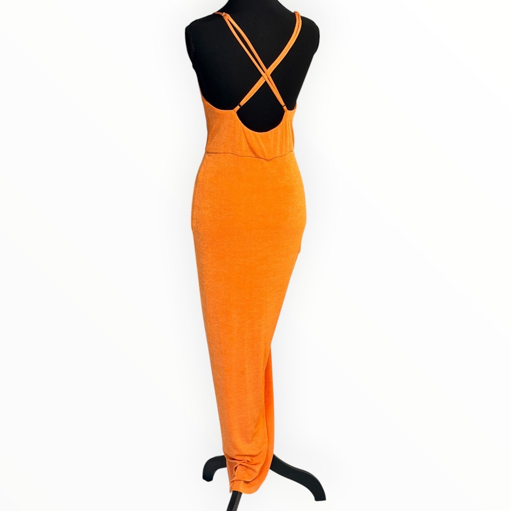 Lulus Dreamy Date Orange Surplice Midi Dress M Ruched Plunge Wedding Resort - Picture 13 of 15